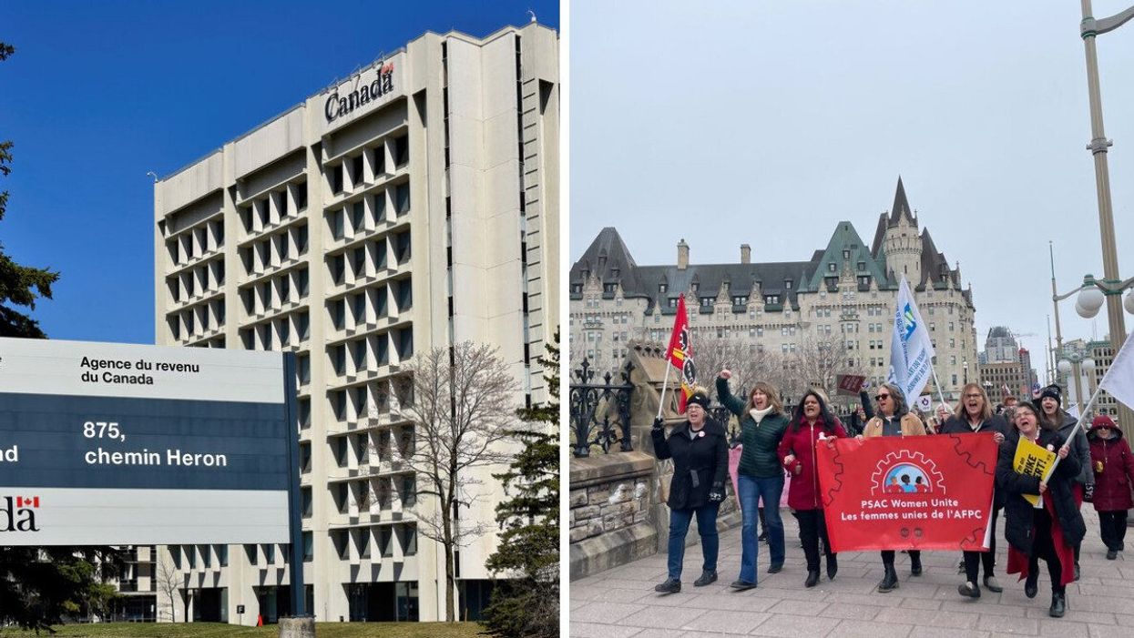 Bâtiment de l'Agence du revenu du Canada. Droite : Manifestants de l'AFPC.