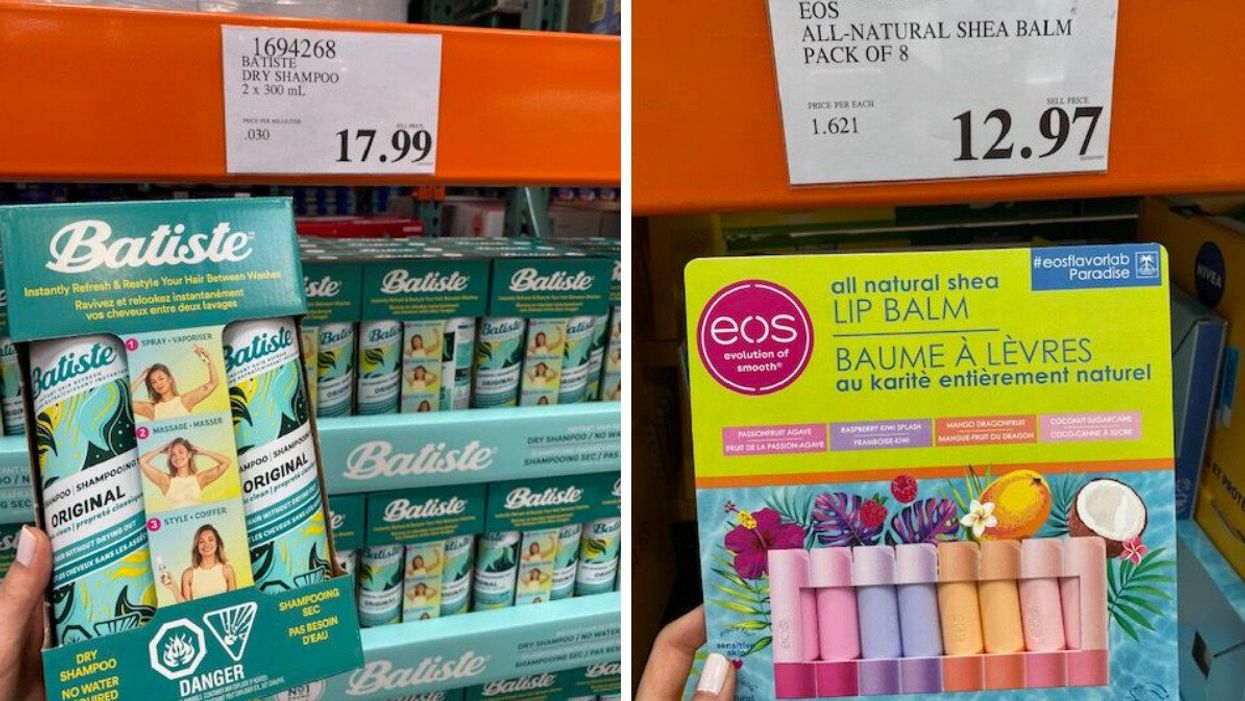 Batiste dry shampoo. Right: EOS lip balm.