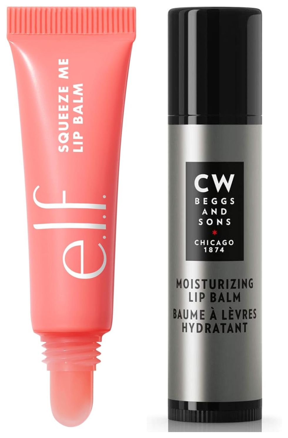 Baume \u00e0 l\u00e8vres hydratant teint\u00e9 de la marque e.l.f. Droite : Baume \u00e0 l\u00e8vres CW Beggs and Sons.