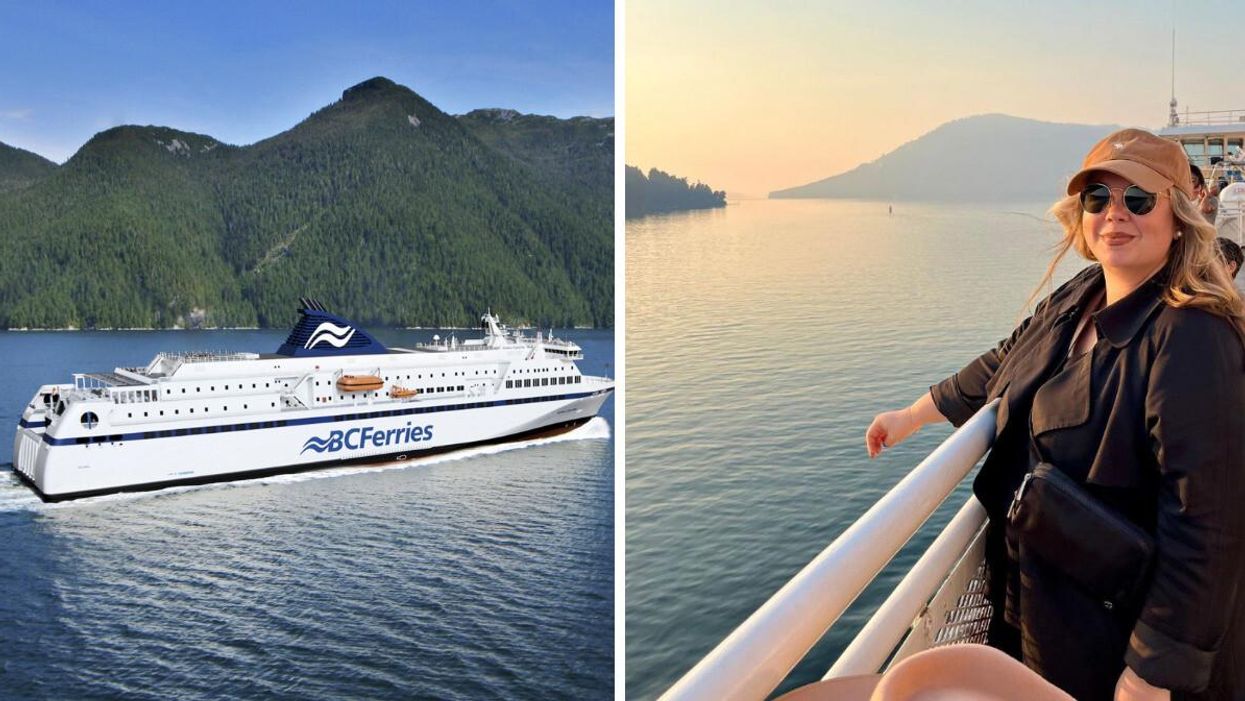 BC Ferries. Right: A woman on BC Ferries.