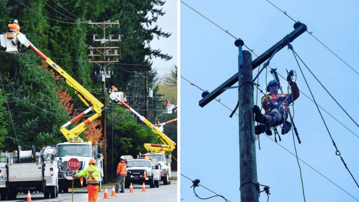 BC Hydro engineers manage traffic while carrying out an inspection. Right: A BC Hydro engineer climbs a high-voltage pylon.