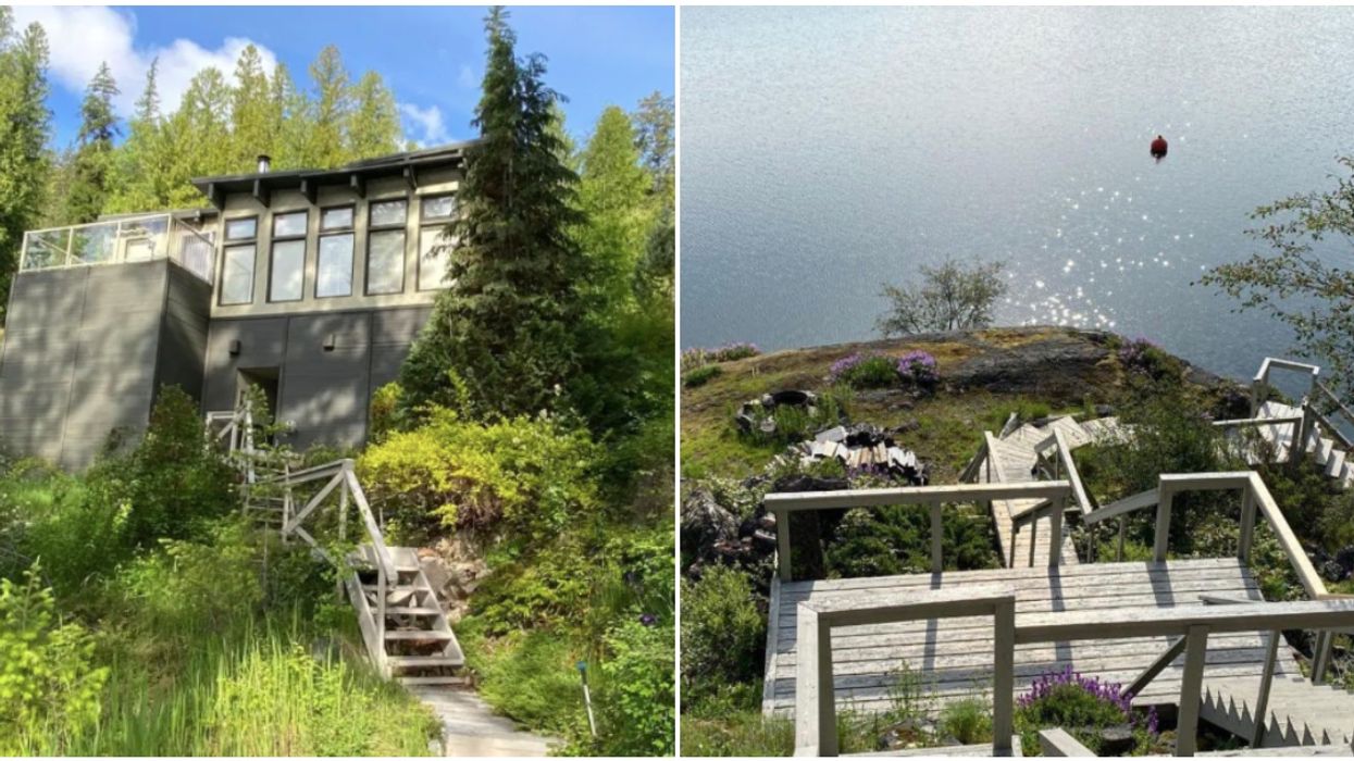 BC Lakefront Cabin For Sale Has It's Own Boardwalk & Stairs To The Beach