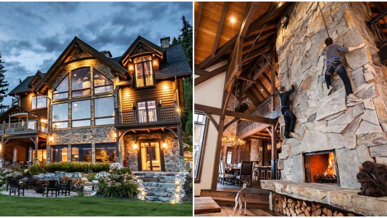 BC Ski Cabin For Sale Has A Gigantic Fire Place That Doubles As A Climbing Wall