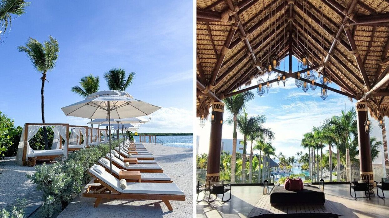 beach chairs and umbrellas at blue haven resort in turks and caicos. right: secrets cap cana resort and spa in dominican republic