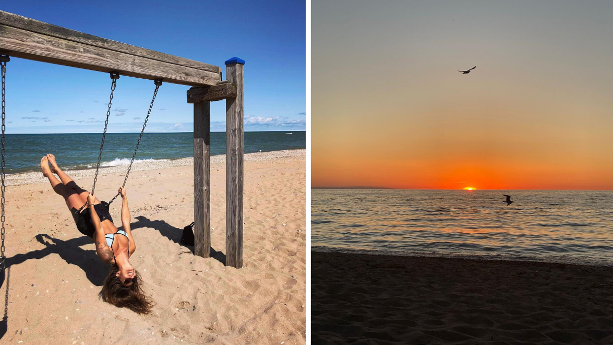 Beach front swing set on the water. Right: Sunset over Lake Huron at Southampton Beach.