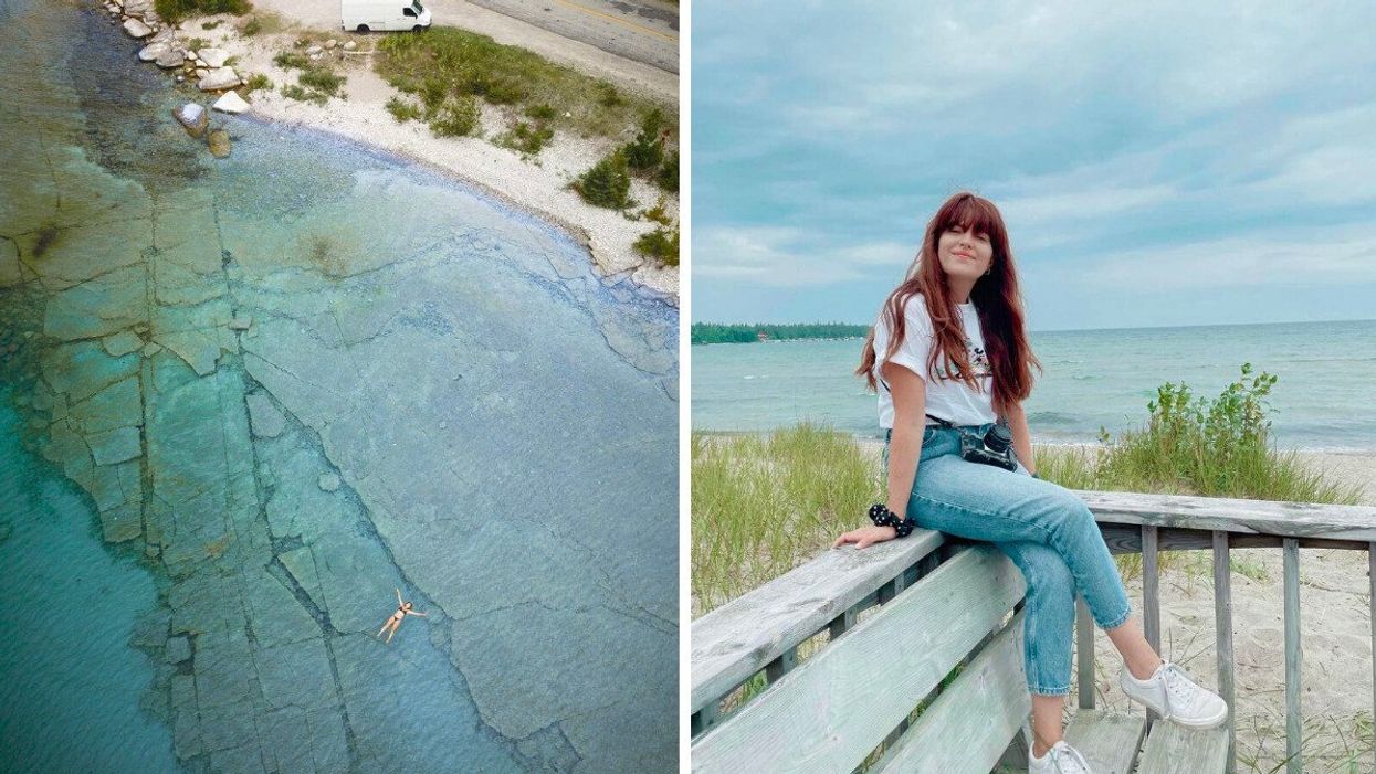 Beach on Manitoulin Island. Right: Woman sitting on a beach.