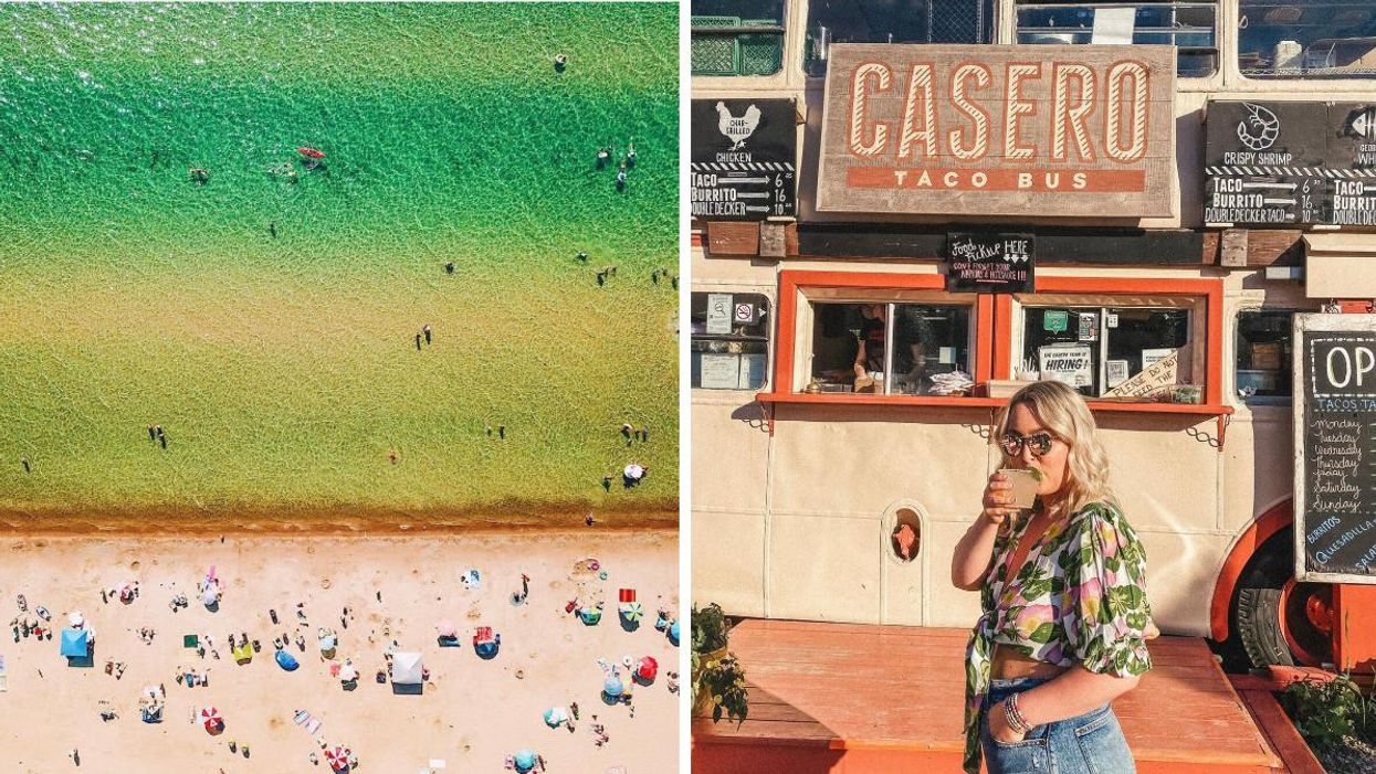 Beach with umbrellas and swimmers. Right: Girl with a drink by a taco bus.