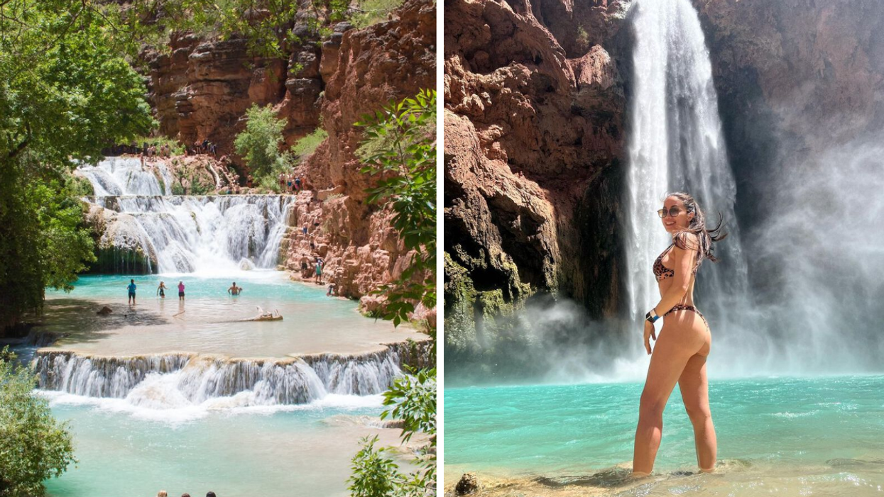 Beaver Falls. Right: A woman posing at the Havasupai Falls.