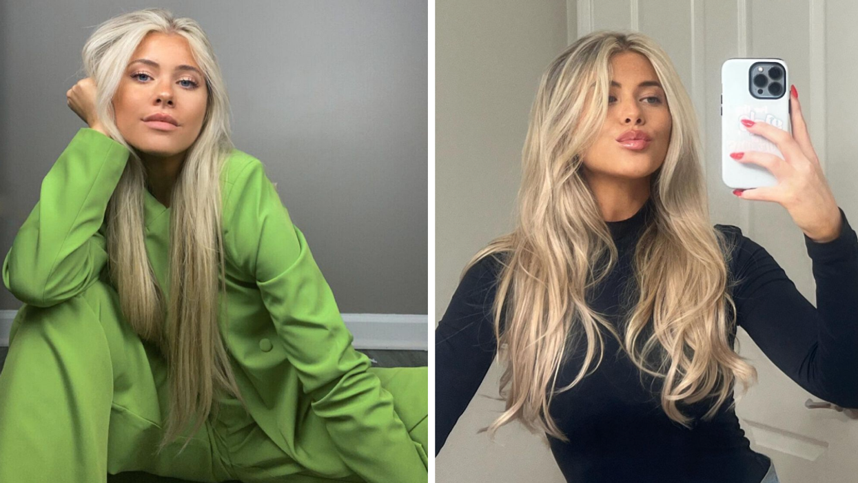 Becca Moore in a green suit. Right: Becca Moore taking a mirror picture.