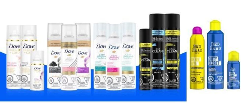 Bed Head TIGI, Dove and Tresemm\u00e9 Dry Shampoo products.