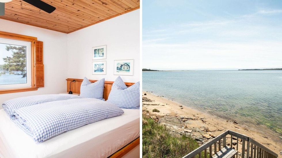 bedroom in house for sale in nova scotia. right: beach and ocean at the house