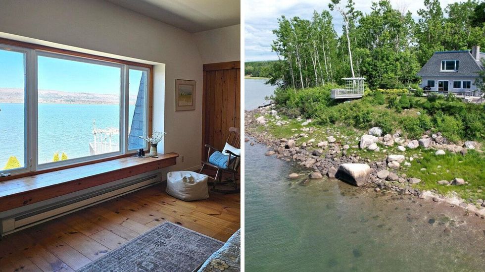 bedroom in the house for sale. right: beach at the house