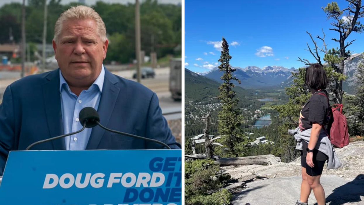 Bee-eating Ontario Premier Doug Ford. Right: Charlie Hart camping in Alberta's Banff National Park.