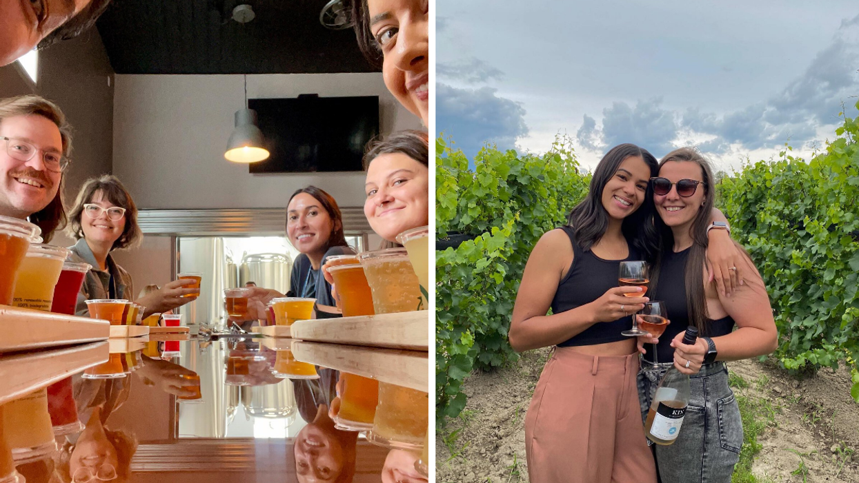 Beer flights and friends on Brew Donkey tour. Right: Wine at Kin Vineyards.