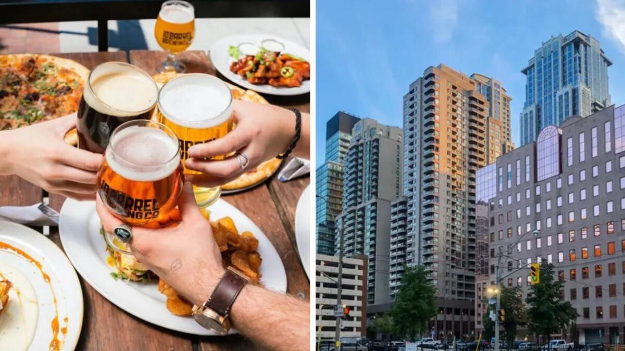 Beer glasses over a meal. Right: Toronto Downtown.