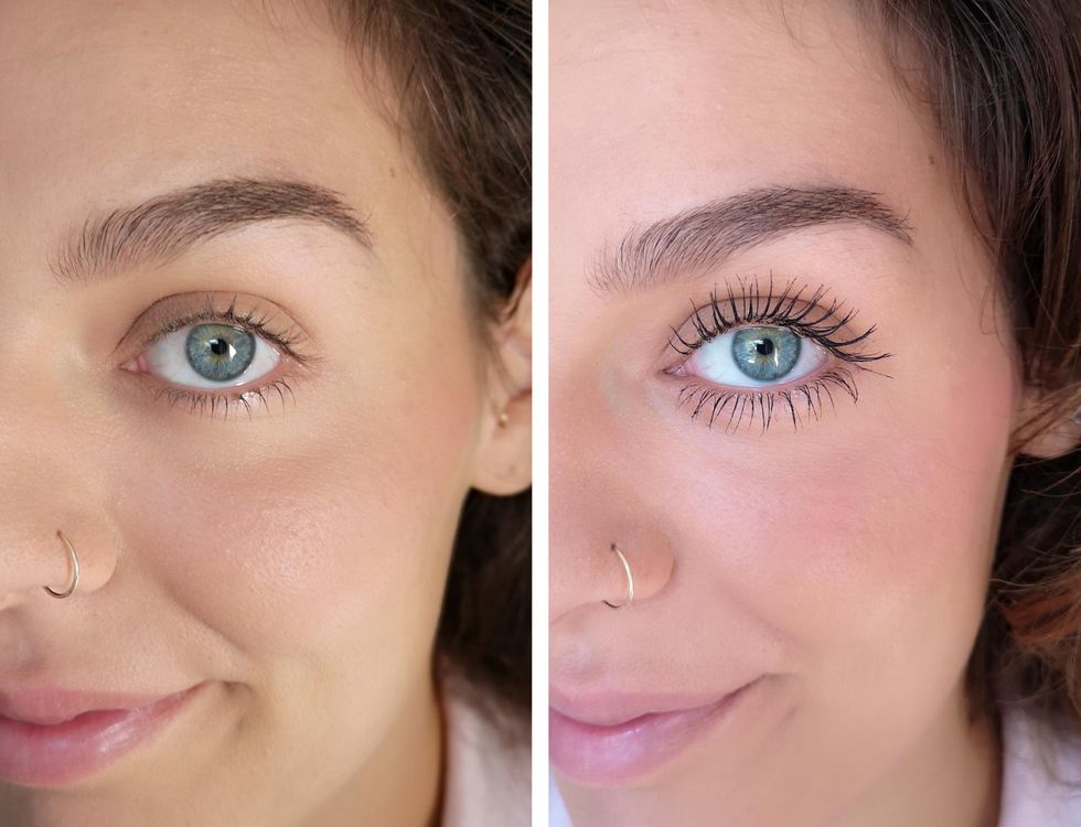 before and after images of brittany's eyelashes with and without the maybelline mascara