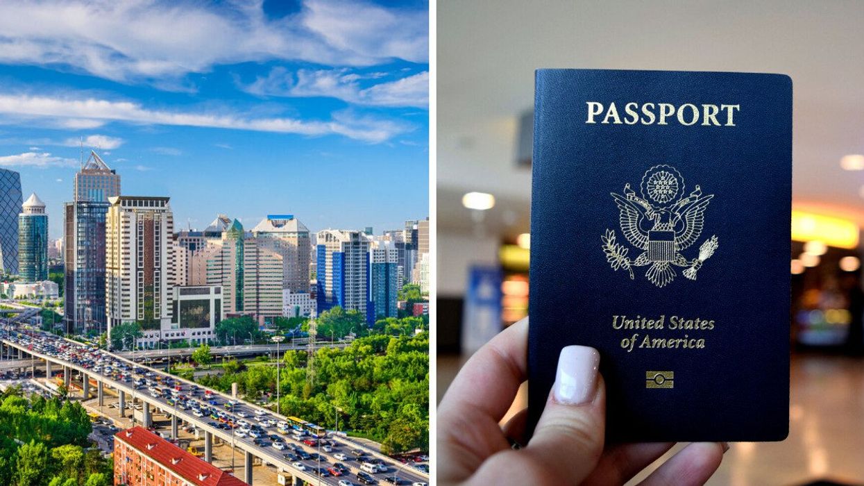 Beijing, China. Right: A person holding a United States passport.