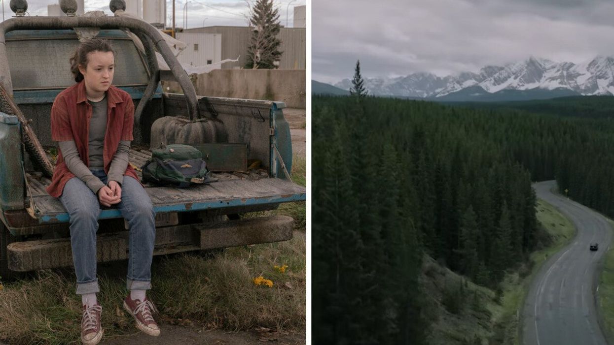 Bella Ramsey in a scene filmed on a Calgary highway. Right: Highway 40 in Alberta.