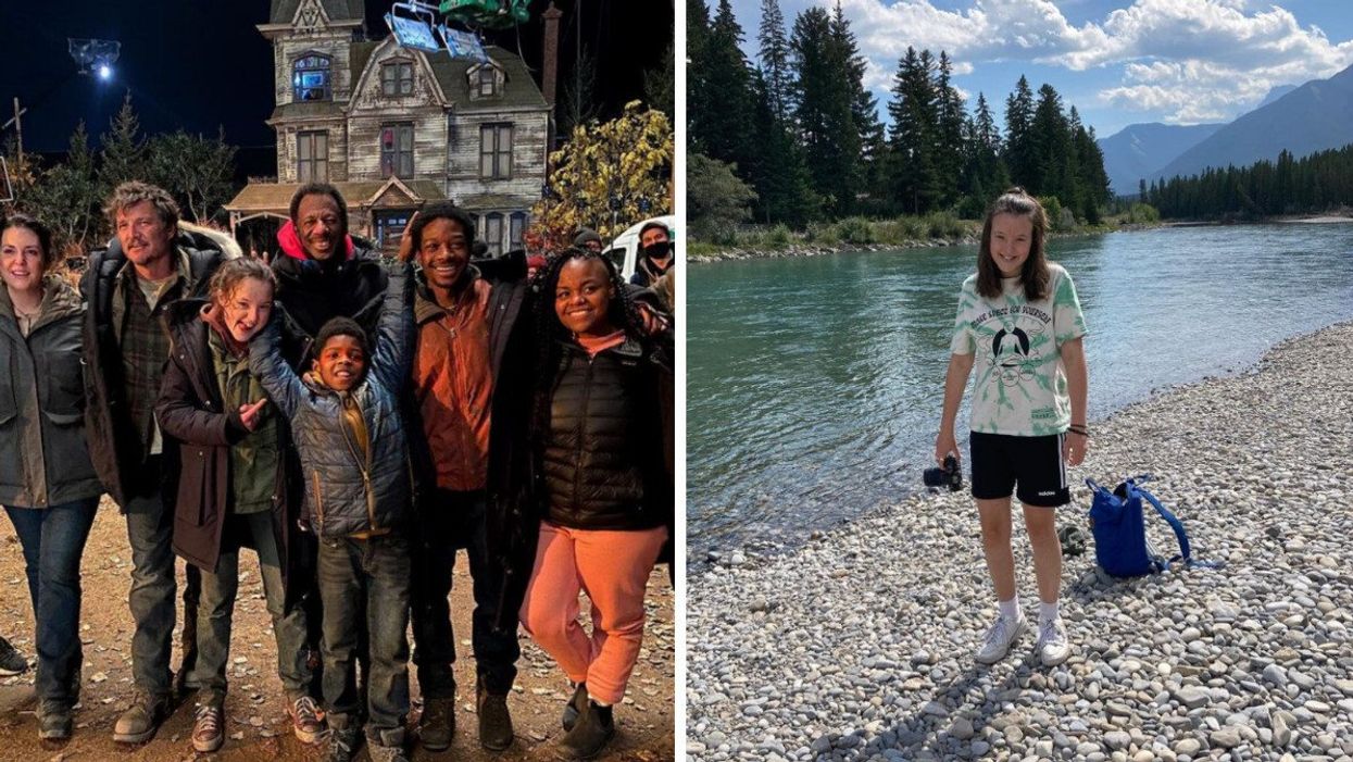 Bella Ramsey shared a cast photo. Right: Bella Ramsey in the Rocky Mountains.