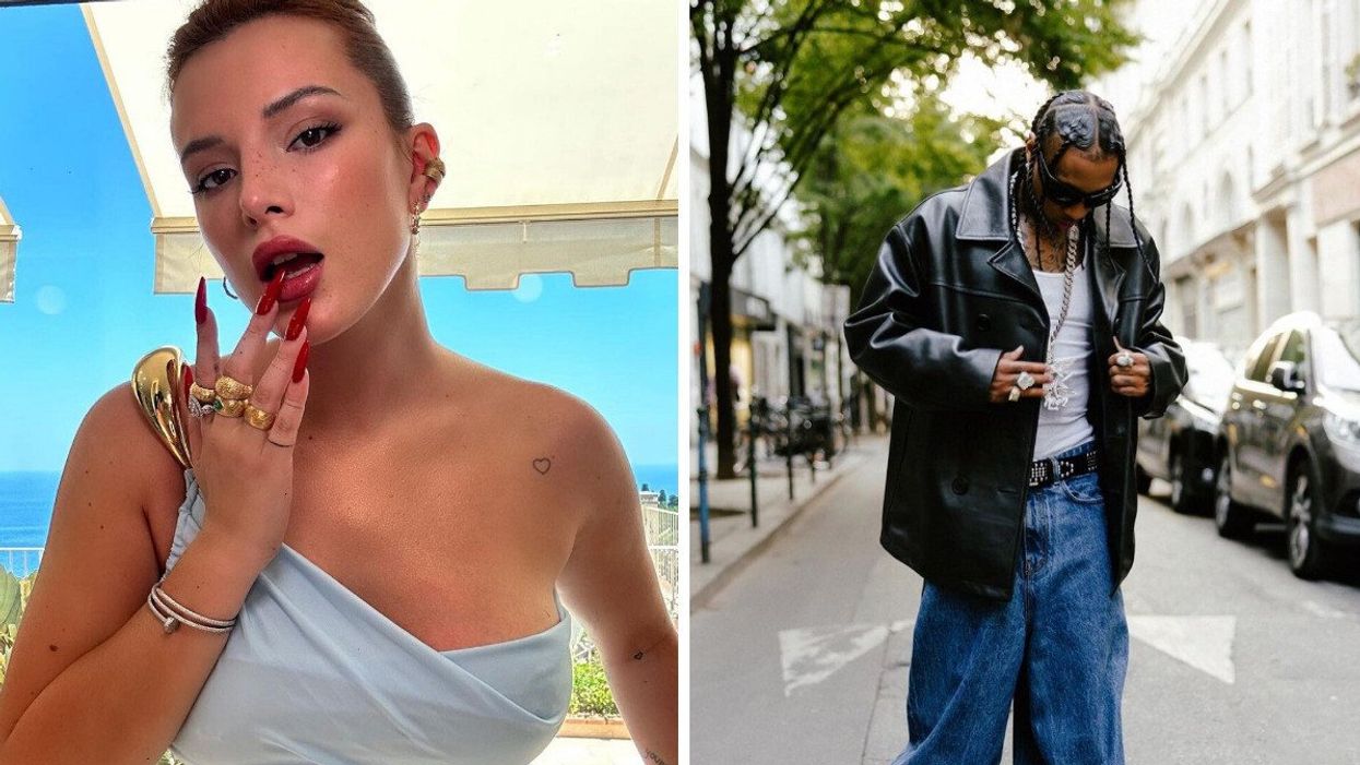 Bella Thorne taking a selfie. Right: Tyga posing for a picture.