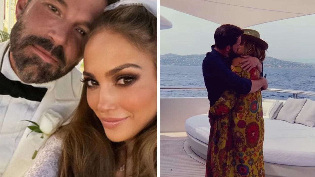 Ben Affleck and Jennifer Lopez at their wedding. Right: Ben Affleck and Jennifer Lopez kiss on a boat.