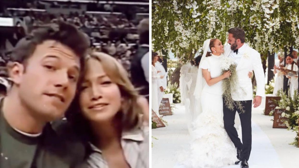 Ben Affleck and Jennifer Lopez in the early 2000s. Right: Affleck and Lopez at their wedding in 2022.