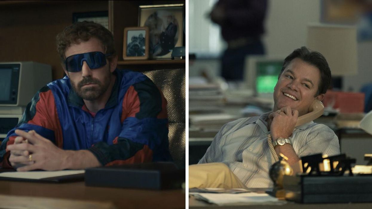 Ben Affleck in "Air." Right: Matt Damon in "Air."