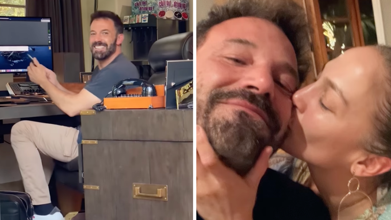 Ben Affleck smiling at the camera. Right: Jennifer Lopez kissing Ben Affleck on the cheek.