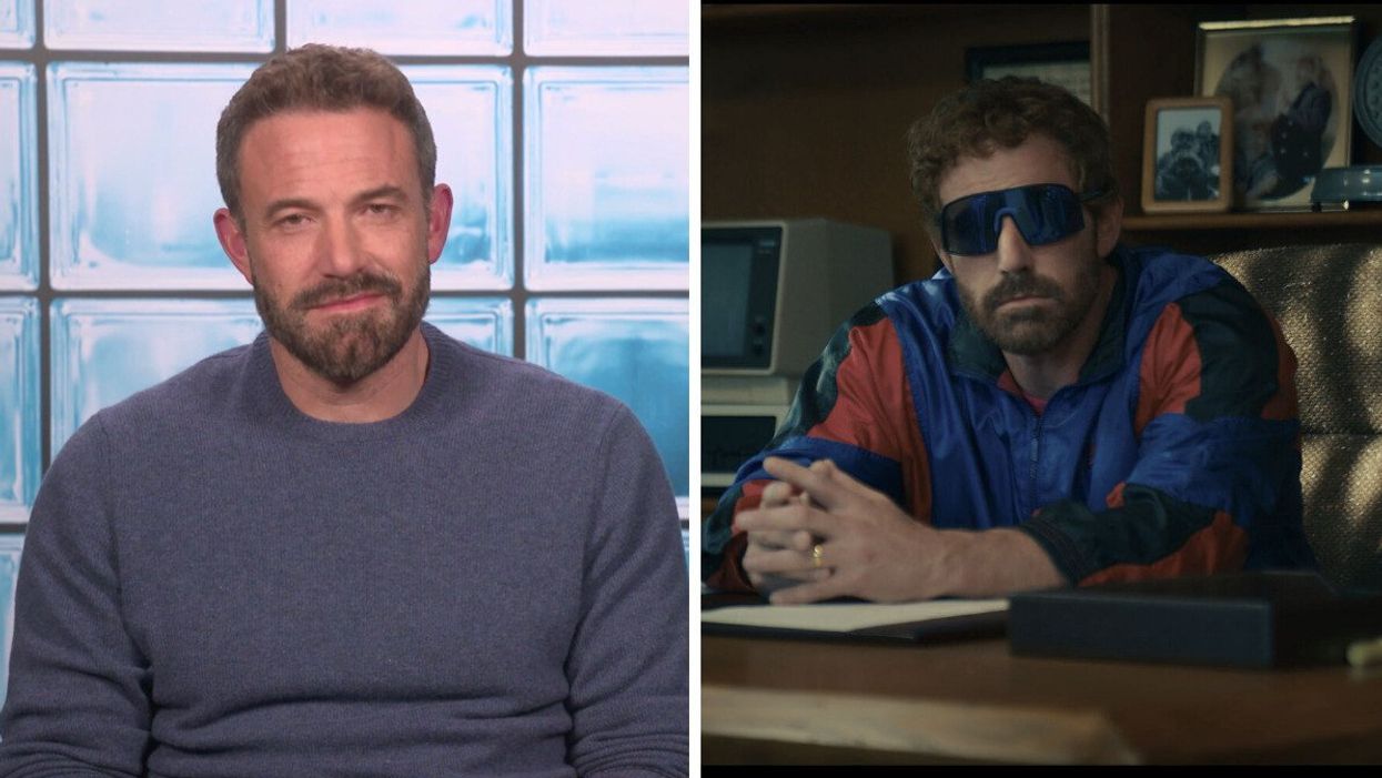 Ben Affleck talking to Narcity. Right: Ben Affleck as Nike founder Phil Knight in "Air."
