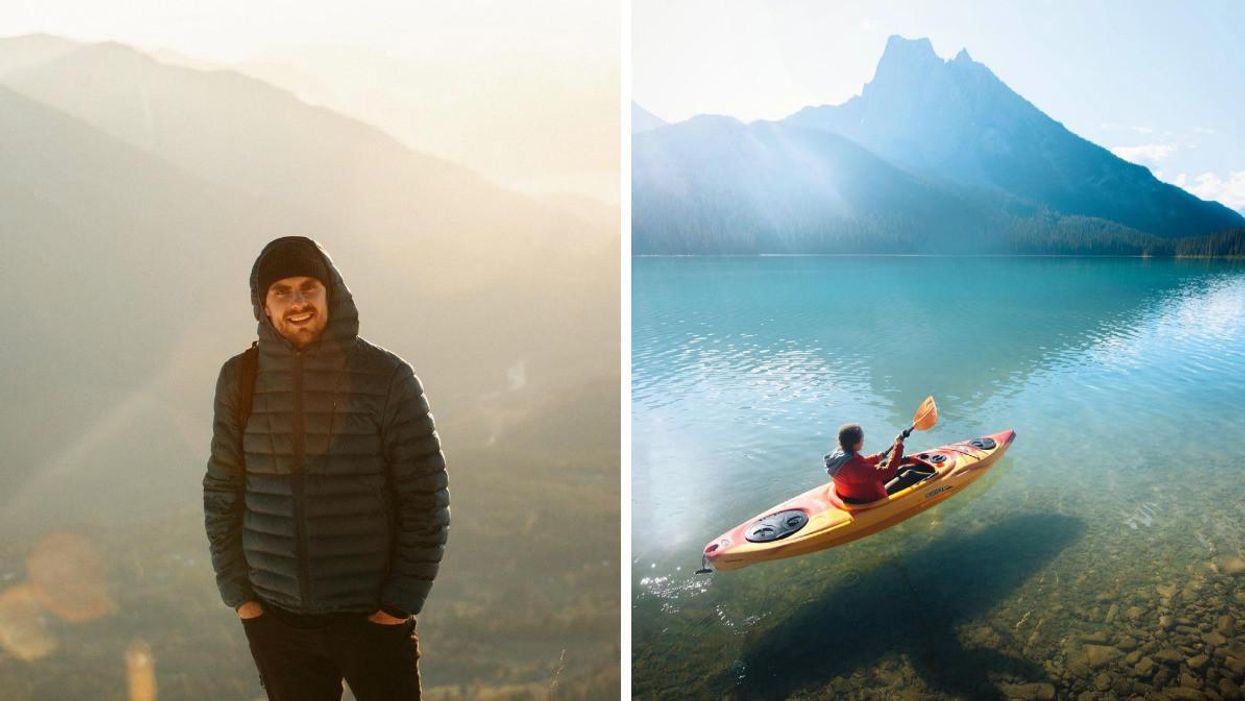 Ben Prescott. Right: Someone kayaking on a lake in B.C.