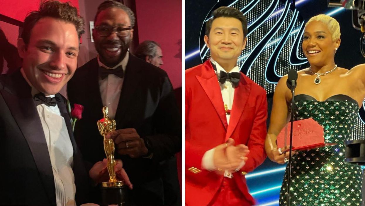 Ben Proudfoot showing off his Academy Award. Right: Simu Liu and Tiffany Haddish presenting.