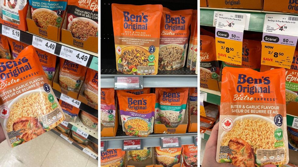 ben's original bistro express rice at metro. centre: ben's original rice at walmart. right: ben's original rice at sobeys.