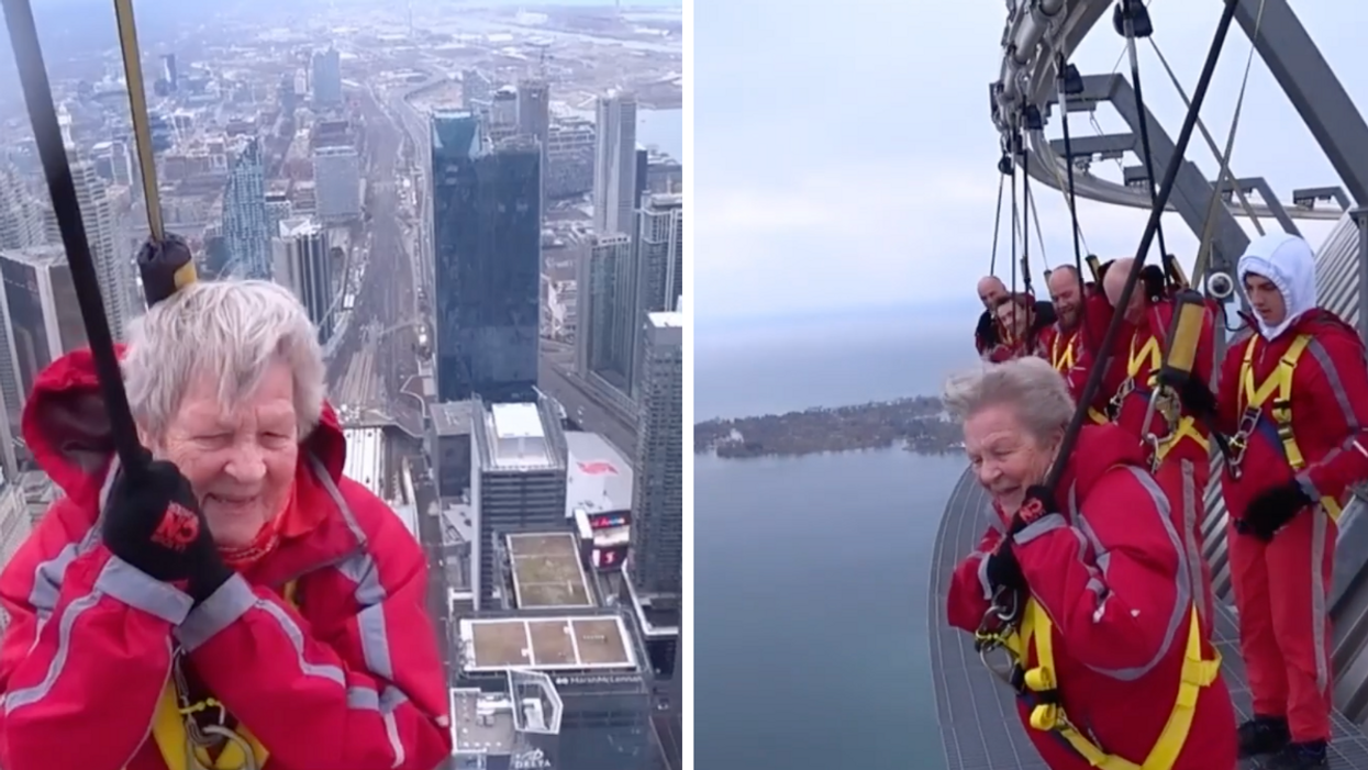 Bernice "Bunny" Harrison, 97, at the CN Tower's EdgeWalk for her birthday.
