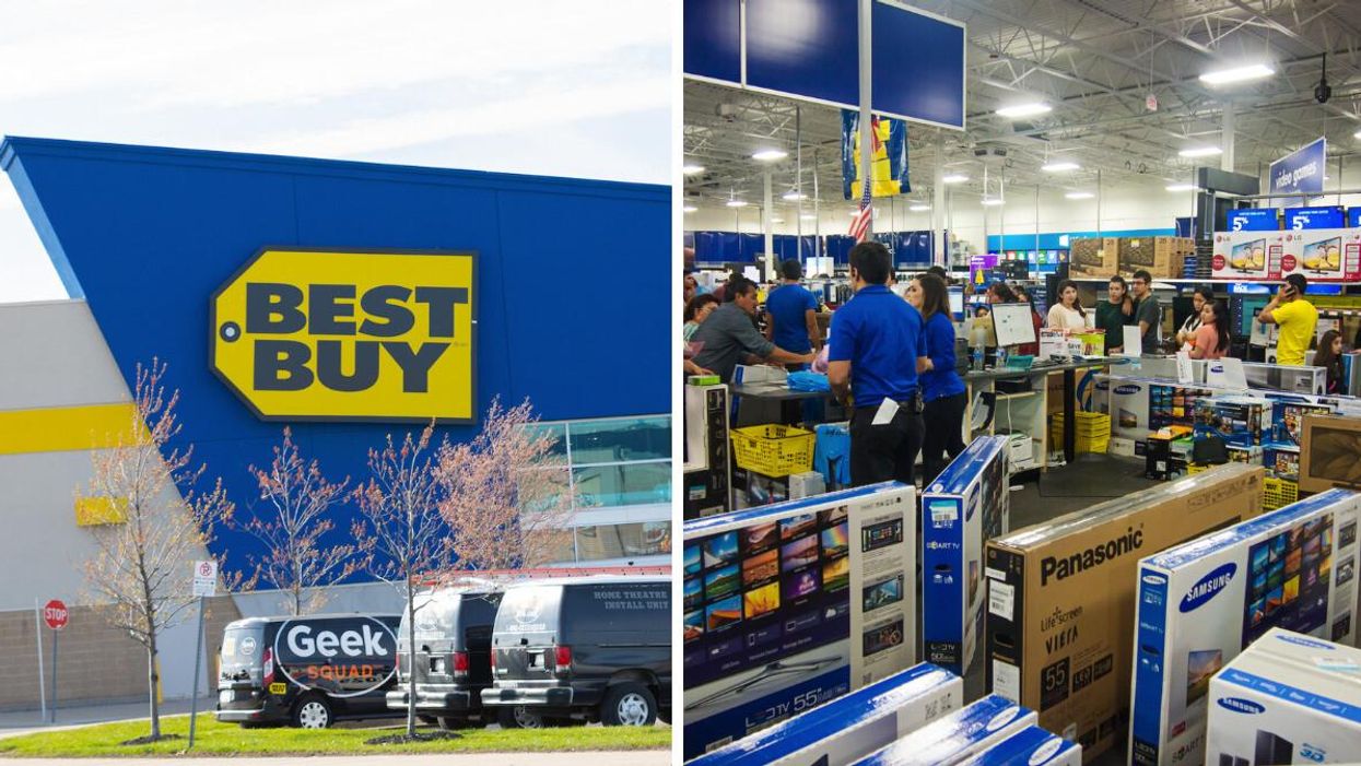 Best Buy in Canada. Right: Shoppers in Best Buy on Black Friday in 2021.