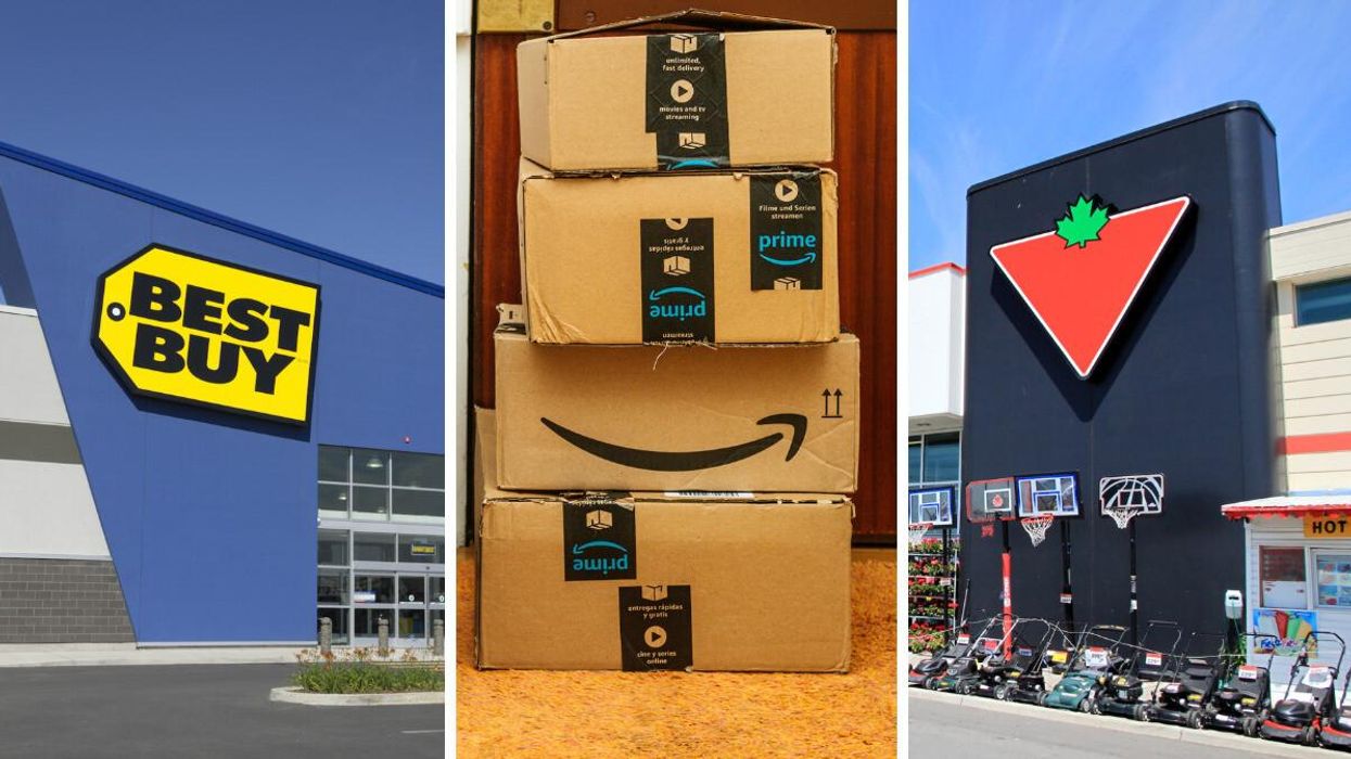 Best Buy. Middle: Amazon boxes. Right: Canadian Tire.