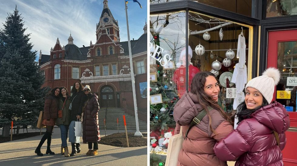 Best friends outside of a building in Stratford. Right: Two best friends Christmas shopping in Stratford.
