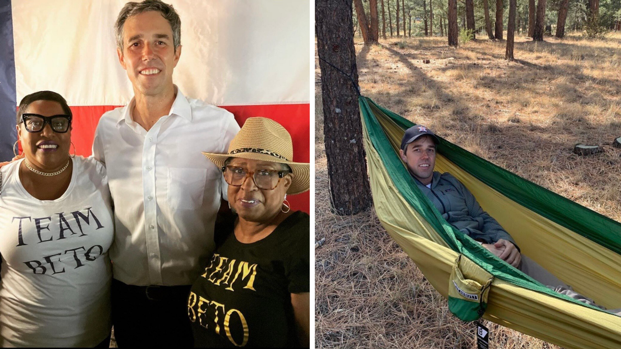 Beto O'Rourke posing with two supporters. Right: O'Rourke in hammock.