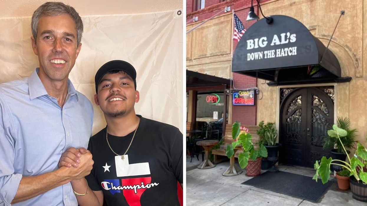 Beto O'Rourke with a Texas voter. Right: The exterior of Big Al's Down The Hatch restaurant.