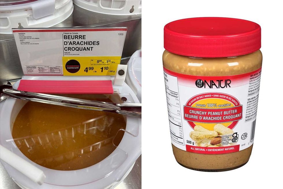 Beurre d'arachide croquant vendu en vrac chez Bulk Barn. Droite : Beurre d'arachide croquant vendu chez Maxi.