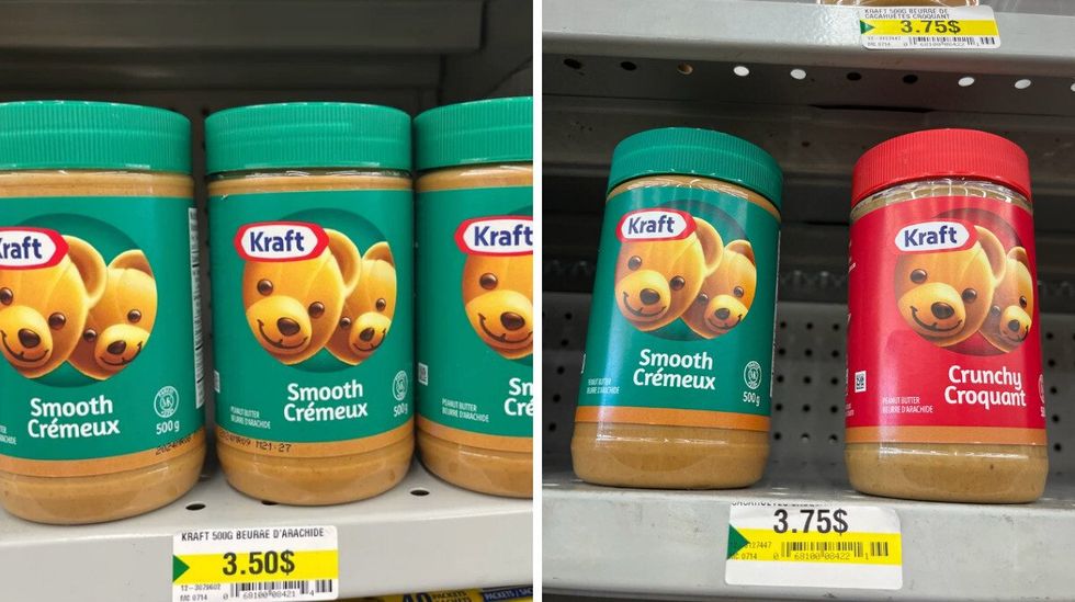 Beurre d'arachides Kraft \u00e0 3,50 $. Droite : Beurre d'arachides Kraft \u00e0 3,75 $.