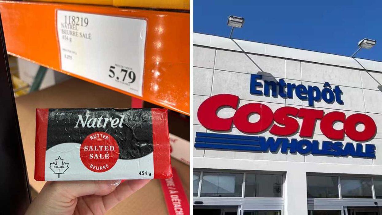 Beurre Natrel en vente chez Costco. Droite : Façade de l'entrepôt Costco
