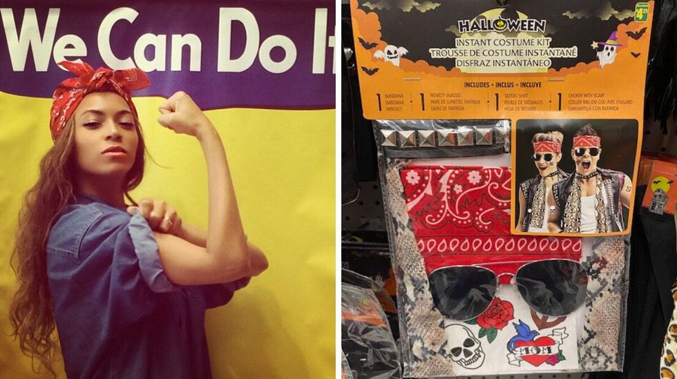 Beyonc\u00e9 dressed as Rosie the Riveter. Right: A costume kit at Dollarama.
