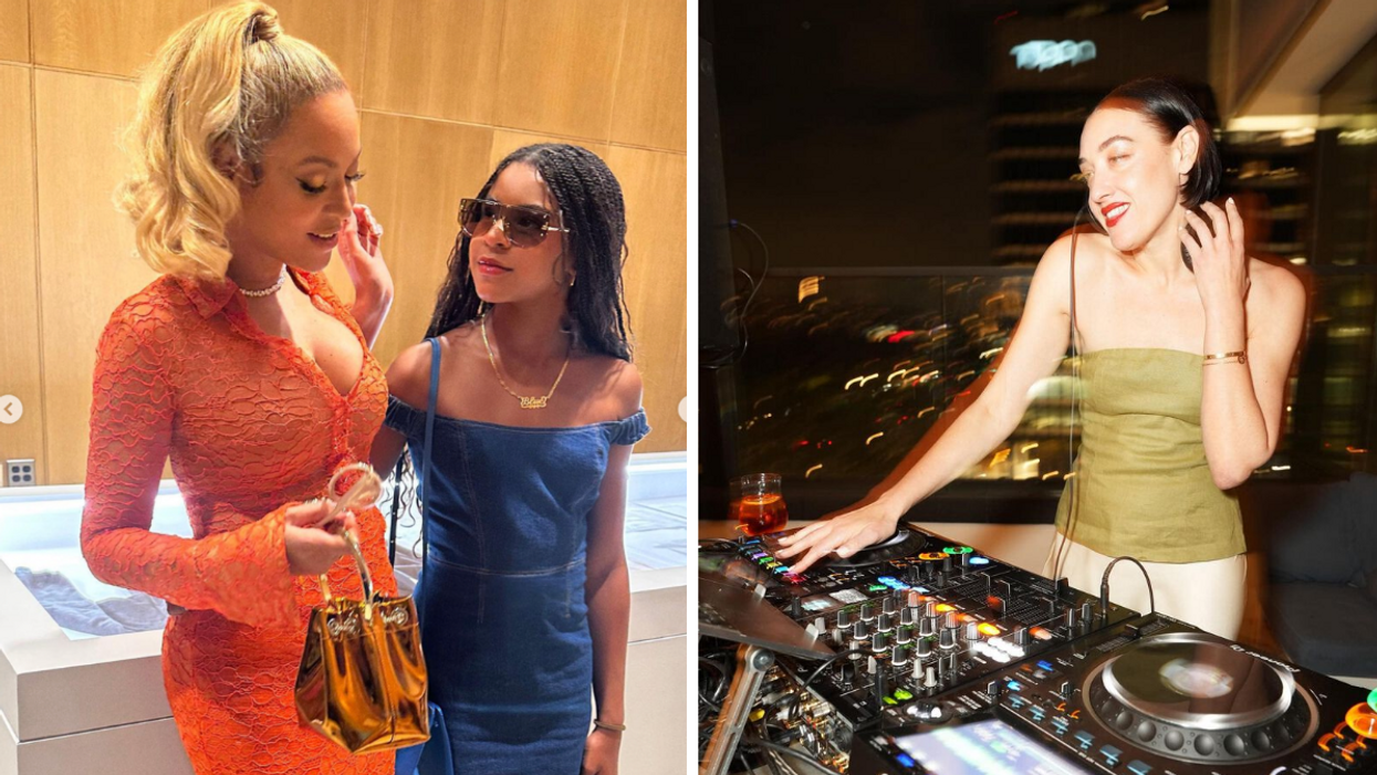 Beyoncé and her daughter Blue Ivy Carter wearing Reformation's Filis Denim Mini Dress. Right: DJ Mia Moretti wearing Reformation.