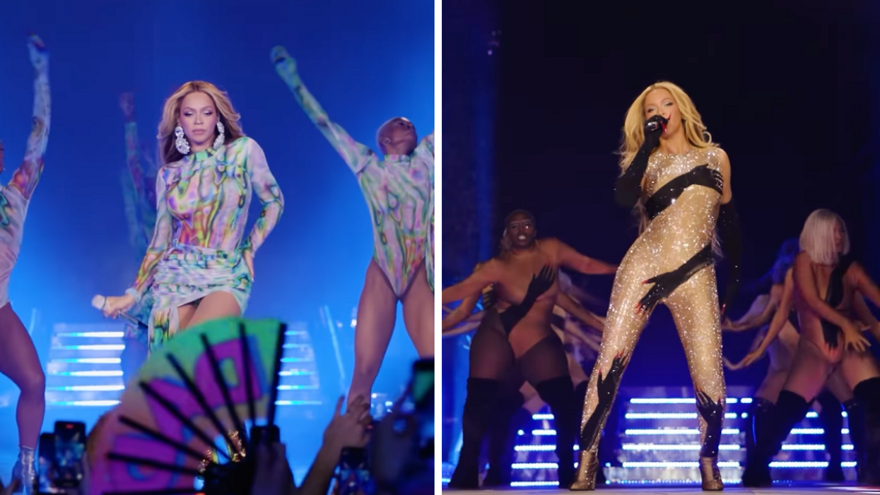 Beyoncé' on stage. Right: Beyoncé singing.