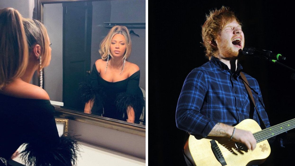 Beyonce starting at a mirror. Right: Ed Sheeran performing in Prague.