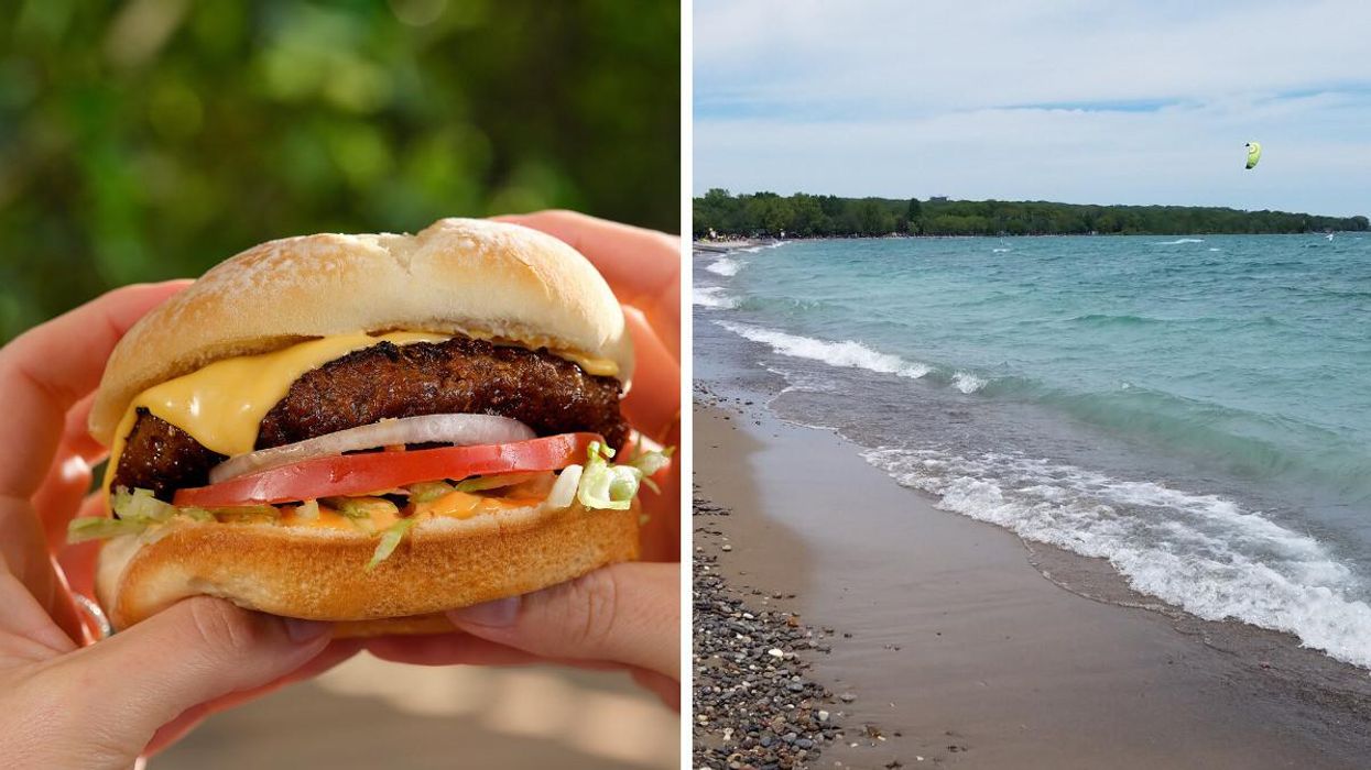 Beyond Meat Burger. Right: Woodbine Beach in Toronto, ON.