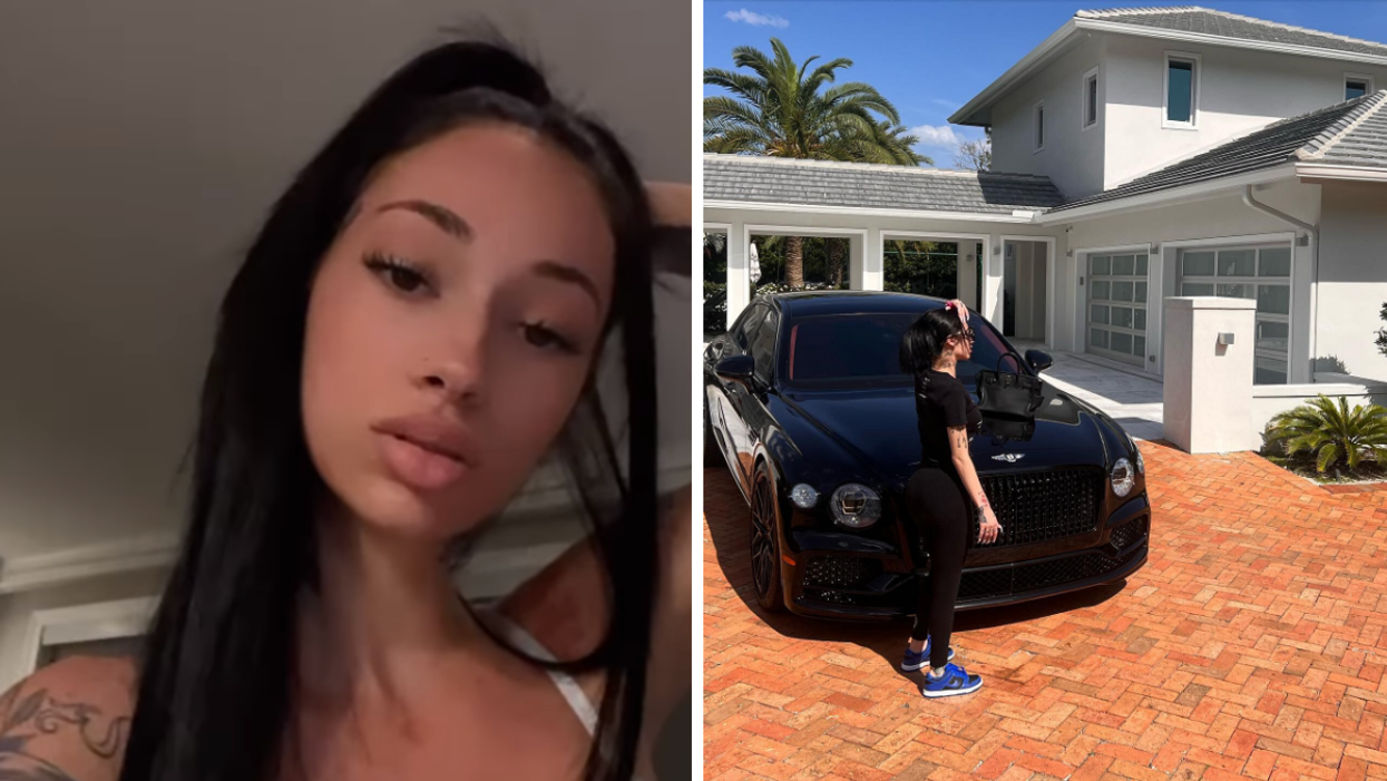 Bhad Bhabie. Right: Bhad Bhabie standing in front of her Boca Raton, Florida, home.