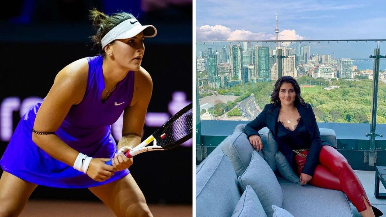 Bianca Andreescu during a tennis match. Right: Bianca Andreescu sitting at a restaurant with a view of downtown Toronto.