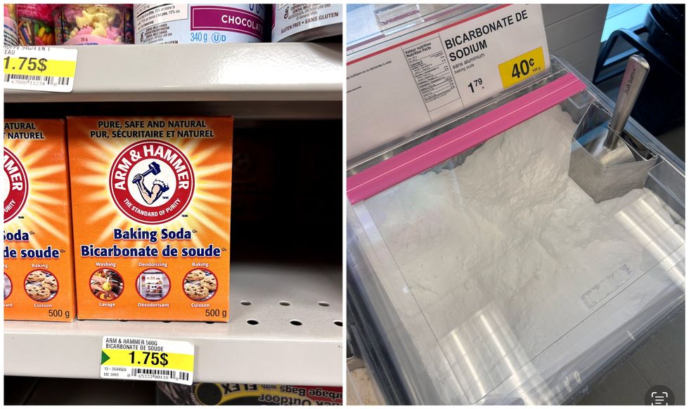 Bicarbonate de soude sur une tablette du Dollarama. Droite : Bicarbonate de soude en vrac du Bulk Barn.