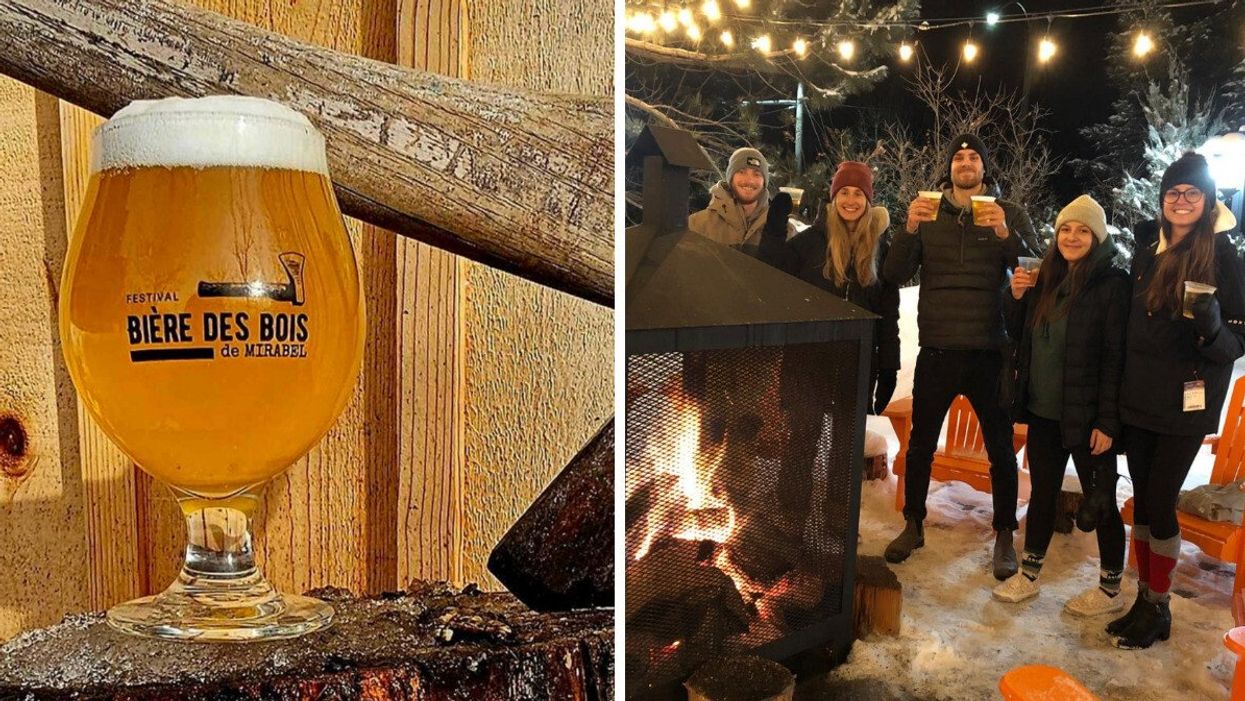 Bière dans un verre portant le logo festival Bière des Bois. Droite : Personnes qui ont un verre de bière à la main à l'extérieur.